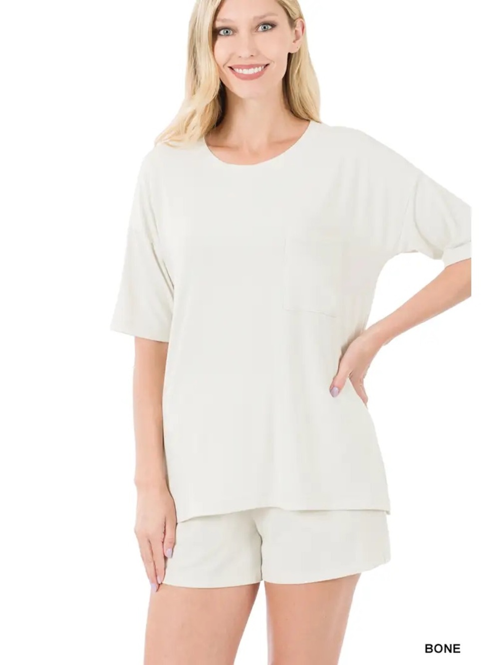 Zenana Outfitters Bone Short Sleeve Pocket Tee with Shorts 2-piece Set